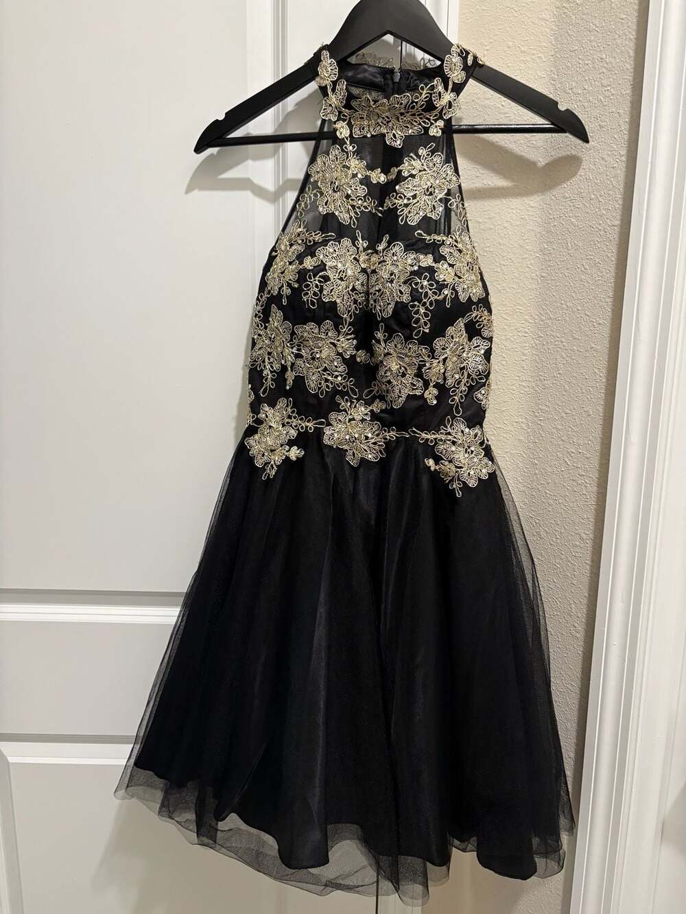Bee Darlin Black And Gold Halter Tulle Cocktail Dress